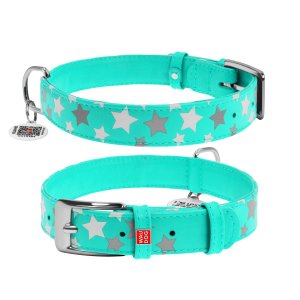 Zgarda piele pentru caini WAUDOG Glamour design Stele - Turquoise XS - 21-29cm