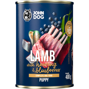 John Dog conserva pentru caini Miel, hering si afine - Junior 800gr