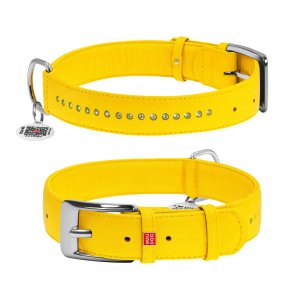 Zgarda piele pentru caini WAUDOG Glamour cu pietricele - Galben S - 27-36cm